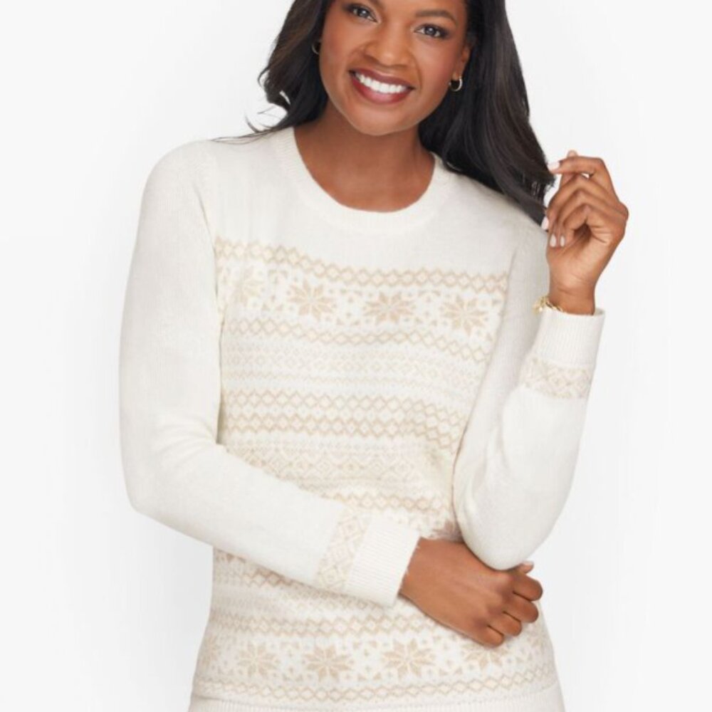 Talbots Supersoft Shimmer Fair Isle Crewneck Sweater Winter Festive Holiday XL